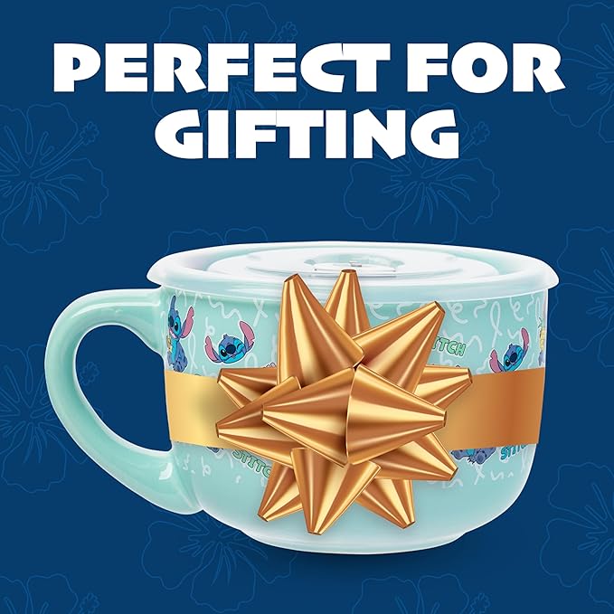 Silver Buffalo Disney Lilo and Stitch Snack and Food Pattern Ceramic Soup Mug with Vented Plastic Lid, 24 Ounces