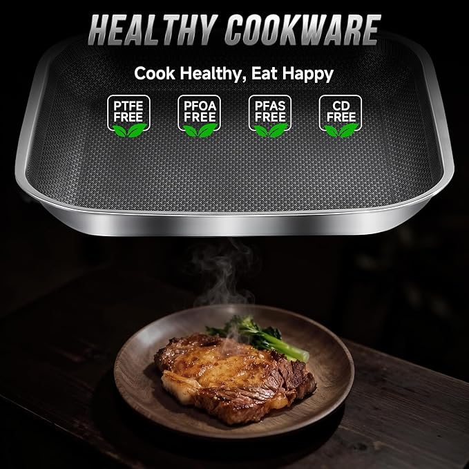 Non Stick Stainless Steel Skillet,12 Inch Square Frying Pan, Nonstick Grill Pan for All Stoves, Oven Dishwasher Safe, PFOA Free