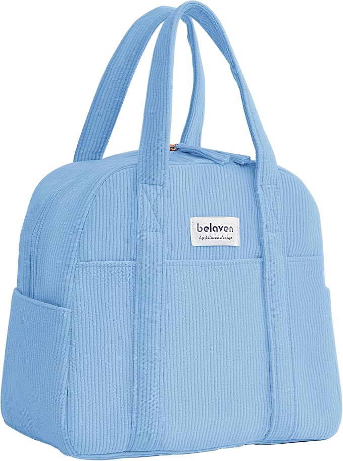 Insulated Lunch Bag for Women, 6-Hour Cold Retention Cooler Tote with Sturdy Handle, 15-Can Spacious Capacity, Leakproof Corduroy Fabric & Aluminum Foil Lining (Blue) (Blue)