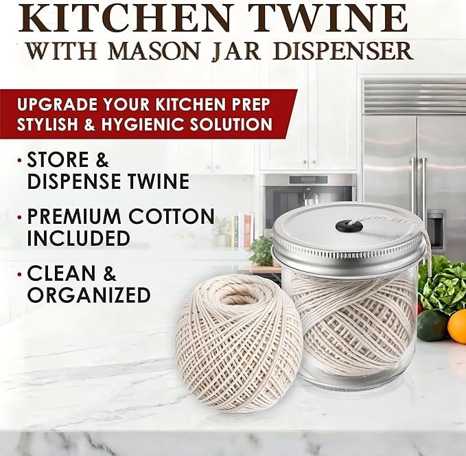 Dreyoo Kitchen Twine with Glass Mason Jar Dispenser, 2 Pack 216FT Cooking Twine, 2MM Natural Cotton Butcher Twines for Meat, Turkey, Roast & Kitchen Use, Center Pull Butcher Twines for Cooking (White)