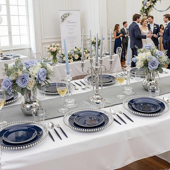 KIRE 175Pcs Blue Plastic Plates with Silver Rim & Disposable Silverware with Blue Handle & Silver-rim Cups & Hand Napkin & Plastic Dinnerware for Parties/Wedding/Passover