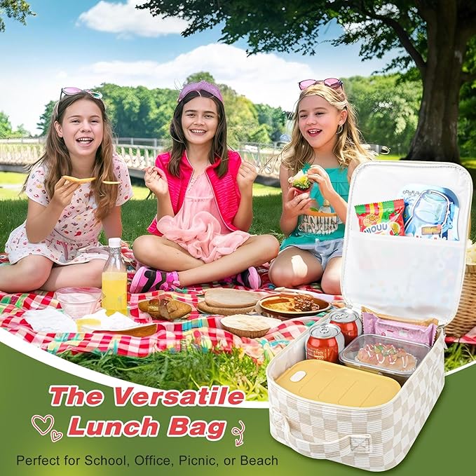 Aileam Lunch Box Lunch Bag for Women Cute Girls Insulated Womens Lunch Bag For Work Quilted Large Capacity Reusable Insulated Cooler for Work School Picnic Travel Beige Checker