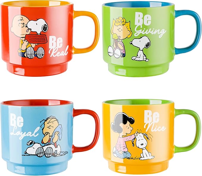 Peanuts Snoopy Gentle Reminders 15oz Stackable Mugs w/Metal Rack, Stoneware, 4-Pack, Assorted Colors