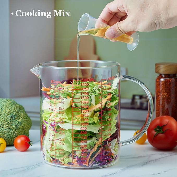 Glass Measuring Cup-[Insulated handle | V-Shaped Spout]-Made of High Borosilicate Glass Measuring Cup for Kitchen or Restaurant, Easy to Read, 2000 ML (64 Oz, 8 Cup)