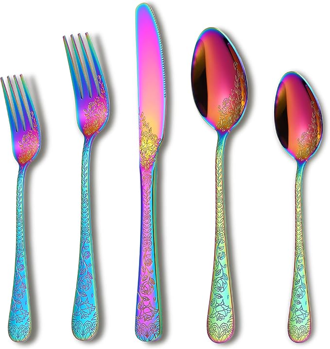 Runfly Vintage Carved Floral Rainbow Silverware Set for 4, Stainless Steel 20-Piece Flatware Set with Knife/Fork/Spoon, Cutlery Set for Home and Kitchen, Modern Utensil Set