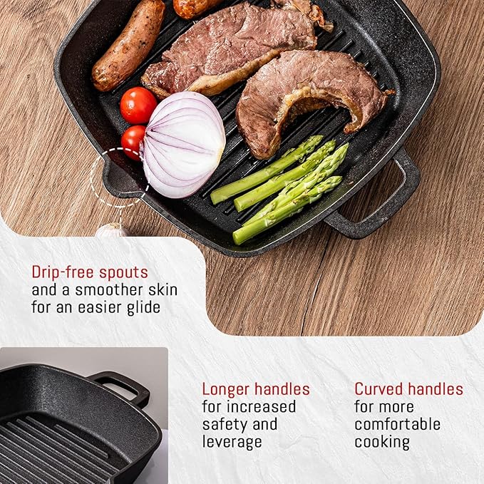 Cast Iron Grill Pan for Stove Top, 10 Inch Pre-Seasoned Cast Iron Skillet & Griddle Pan, Indoor Grill Pan for Steak, Bacon & Frying, Compatible with Gas, Electric, Induction Cooktops