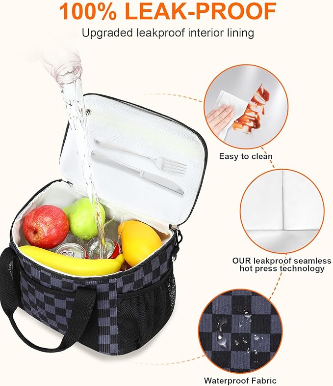 LOIDOU Lunch Box for Women Men Insulated Corduroy Lunch Bag Cooler Leakproof Reusable Adult Lunchbox Adjustable Strap lunch tote for Work Office Picnic, Gray-Black Grid