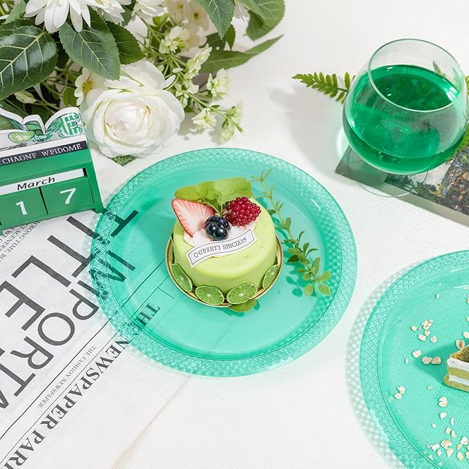 WELLIFE Teal Plastic Party Plates 7 Inch -150 Count, Translucent Green Disposable Dessert Neon Plates for Christmas Party St. Patrick's Day Easter Cake Salad Appetizers