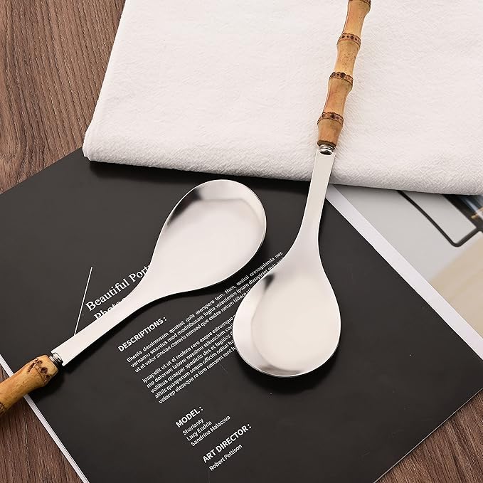 Natural Bamboo Handle Serving Spoons Set of 6, Large Size Stainless Steel Dinner Buffet Catering Banquet Serving Spoons, 10.0" Silver Big Ladle Tablespoons for Home, Family Serving Utensils