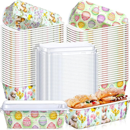 LemonRoad 100 Pcs Easter Mini Loaf Pans with Lids 6.3 x 2.2 x 2.2 Inch Disposable Paper Baking Pans Bulk, Easter Baby Shower Baking Party Supplies for Cake Bread Oven Bakery