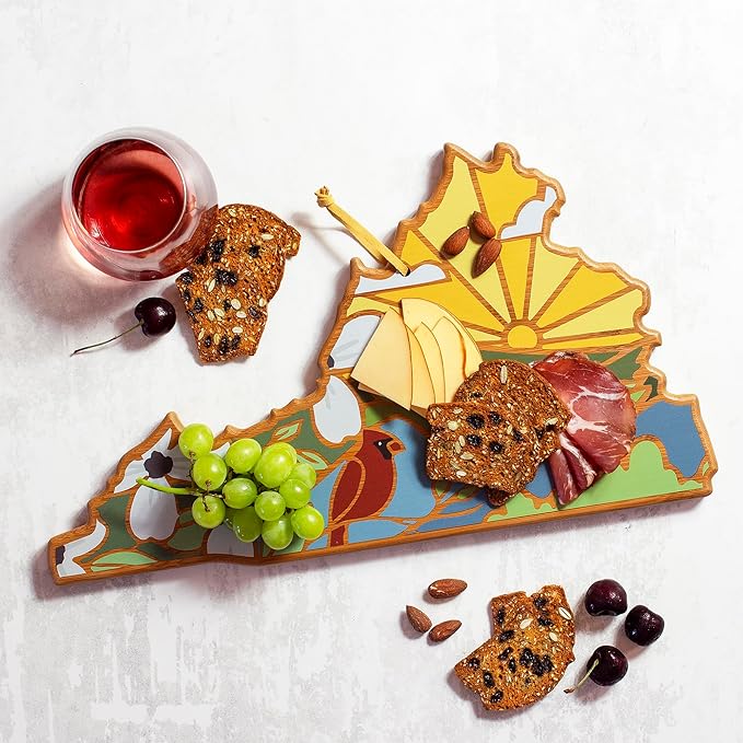 Totally Bamboo Virginia State Shaped Cutting Board and Charcuterie Serving Platter with Artwork by Summer Stokes, Includes Hang Tie for Wall Display