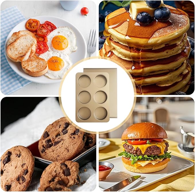 6 Cup Muffin Top Pan for Baking, Nonstick Hamburger Bun Pan, Straight Side English Muffin Cupcake Pans with Lid, Jumbo Muffins Pans for Baking Egg Sandwich Quiche Pancake, Gold (Round Shape)