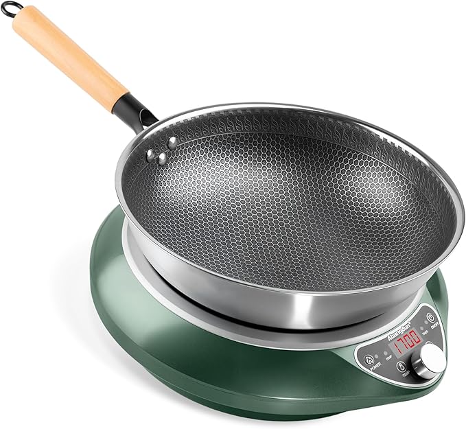 Concave Induction Wok Cooktop 1700W 120V – Continuous Non-Pulsed Heating Stir Fry Burner for Asian Cooking, Stainless Steel Wok Induction Burner for Round Bottom Woks