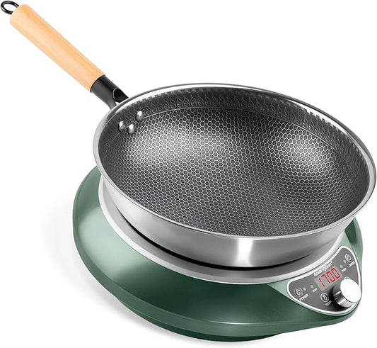 Concave Induction Wok Cooktop 1700W 120V – Continuous Non-Pulsed Heating Stir Fry Burner for Asian Cooking, Stainless Steel Wok Induction Burner for Round Bottom Woks