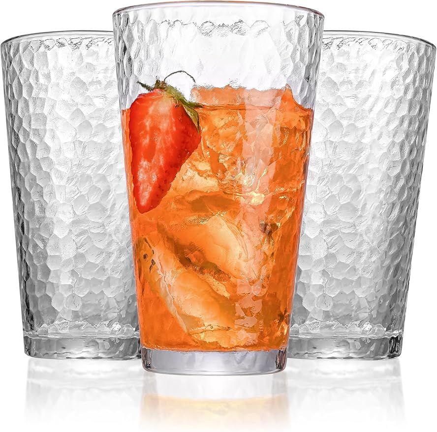 Drinking Glasses Set of 8,16oz Clear Highball Water Glasses,Stackable Lead-Free Hammered Glass Cups,Kitchen Drinkware Glassware for Cocktail,Beer,Juice,Iced Tea,Margaritas and Mixed Drinks