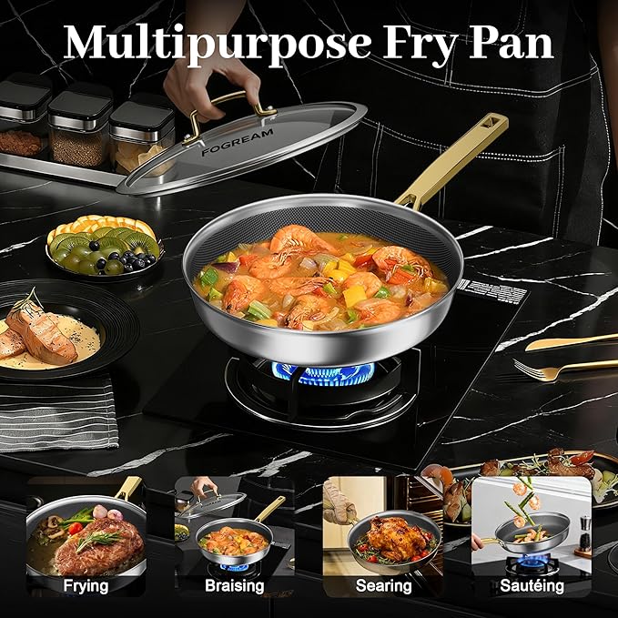 FogDream Titanium Non Stick Frying Pan, 10in Tri-Ply Hybrid Stainless Steel Skillet with Spatulas, All-in-One Cookware, Stay Cool Handle, Dishwasher & Oven-Safe,Induction Compatible,Gold