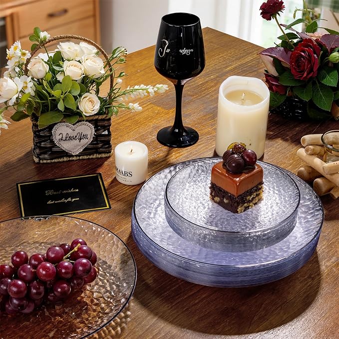 Rubtlamp 60Pcs Black Plastic Plates, Black Heavy Duty Graduation Plastic Plates, Clear Disposable Party Plates, Hammered Fancy Plates Include 30 Dinner Plates, 30 Salad Plates For Graduation Party