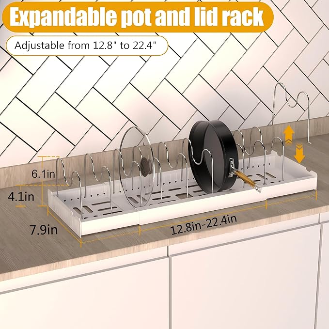 2 Pack Pots and Pans Organizer Under Cabinet, Expandable Pot Lid Organizer Racks, Include 20 Stainless Steel Racks & White Plastic Base, Perfect for Kitchen Cabinet, Countertop & Cupboard