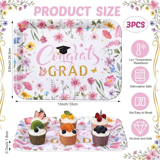 Vesici 3 Pcs Wildflower Graduation Serving Trays 13 x 10 Inch Pink Floral Class of 2026 Congrats Grad Melamine Platters Reusable Rectangular Serving Dishes for Graduate Party Snack Fruit Dessert Candy