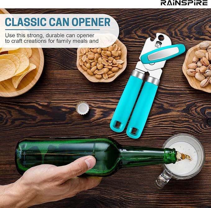 Rainspire Can Opener Manual Handheld Strong Manual Can Opener Smooth Edge Cut, Can Opener Heavy Duty, Comfortable Soft Handle, Built-in Bottle Opener, Blue
