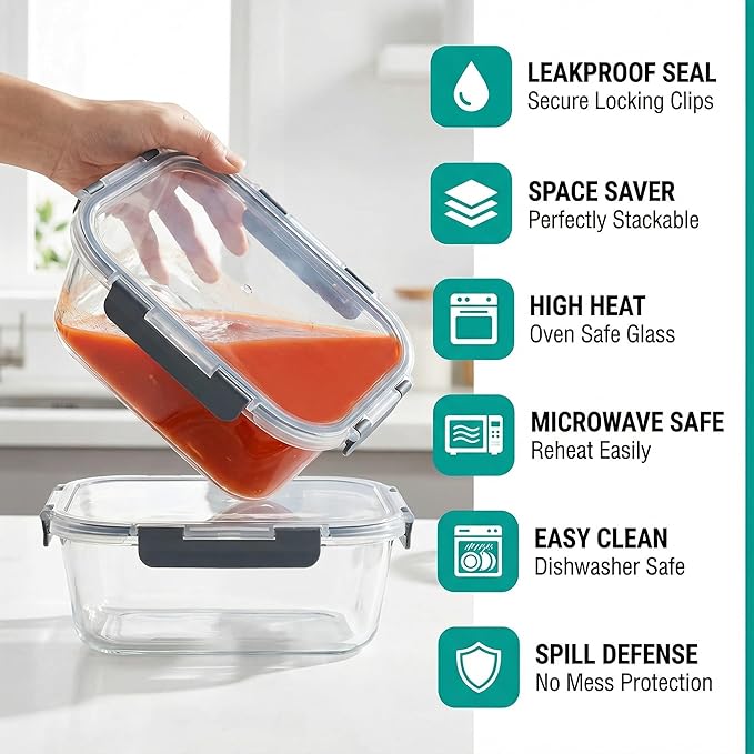 5 Pack 36oz Borosilicate Glass Food Storage Containers Set with Lids, Freezer Meal Prep Containers, Airtight Bento Lunch Container Set, Oven, Freezer and Dishwasher Safe, BPA Free, Kitchen Storage Set