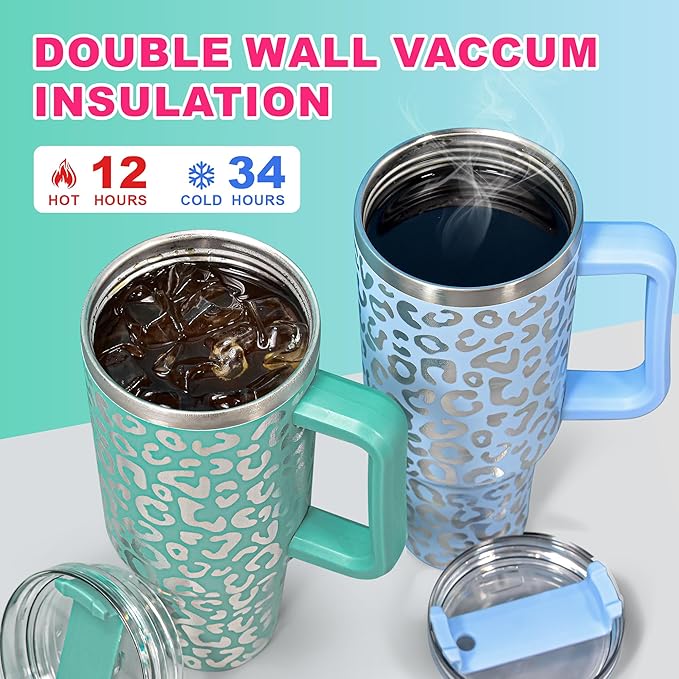 40 oz Tumbler with Handle and Straw, 100% Leak-Proof Travel Mug, Stainless Steel Double Wall Vacuum Insulated Coffee Cup Keeps Cold For 34 Hours, Dishwasher Safe, Hot Pink Leopard