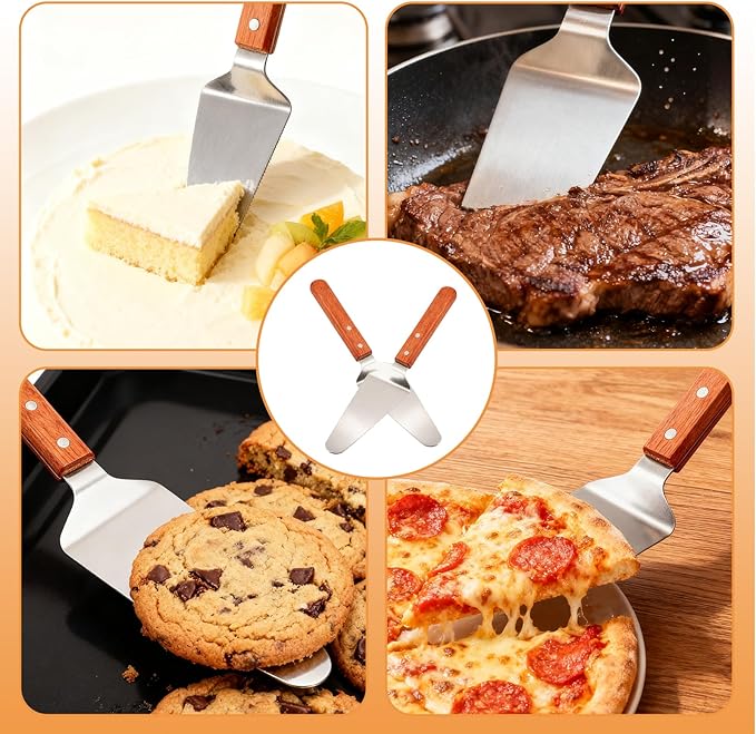4 Pack Stainless Steel Pizza Servers with Wooden Handle, Pizza Cutter Cake Cutter Triangular Spade Pie Pastry Spatula for Tart, Dessert