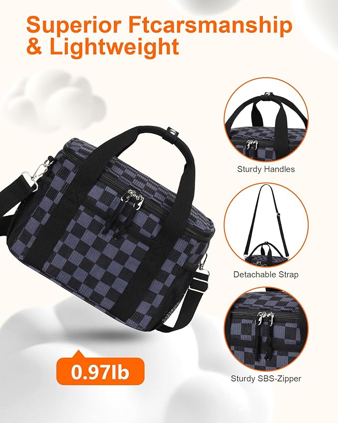 LOIDOU Lunch Box for Women Men Insulated Corduroy Lunch Bag Cooler Leakproof Reusable Adult Lunchbox Adjustable Strap lunch tote for Work Office Picnic, Gray-Black Grid