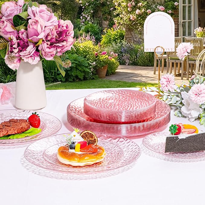 Rubtlamp 60PCS Pink Plastic Plates, Disposable Pink Easter Plates with Hammered Design, Heavy Duty Plastic Platos Fancy Party Platos Include 30 Dessert Plate & 30 Dinner Plate for Bridal Wedding