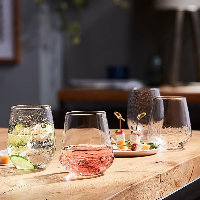 Libbey Hammered Stemless Wine Glasses Set of 8, 17.75-ounce, Dishwasher-Safe, Chiseled Textured Glassware Set, All Purpose Wine Glasses for Everyday Use