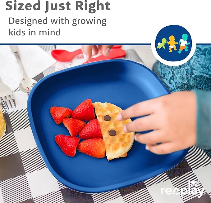 Re-Play Toddler Plates - 22 Oz. Deep-Walled Flat Kids Plates with 1 Lid - Dishwasher & Microwave Safe - Made in USA - Set of 3-7.37" x 7.37" x 1.25" - True Blue