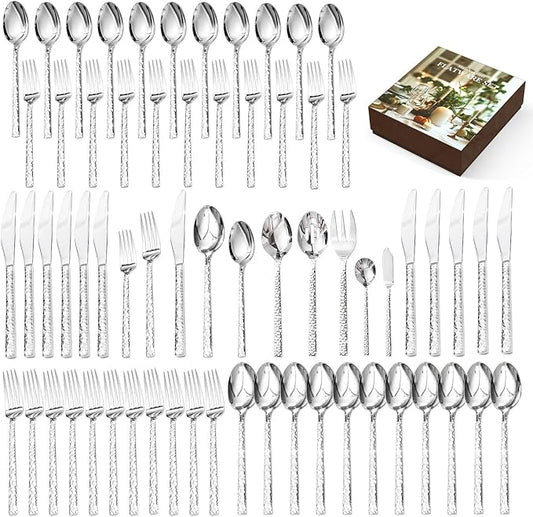 KINGSTONE 65 Piece Hammered Silverware Set with Serving Utensils, 18/10 Stainless Steel Flatware Set for 8, Cutlery Set for Home, Party, Wedding, Mirror Polished Dishwasher Safe