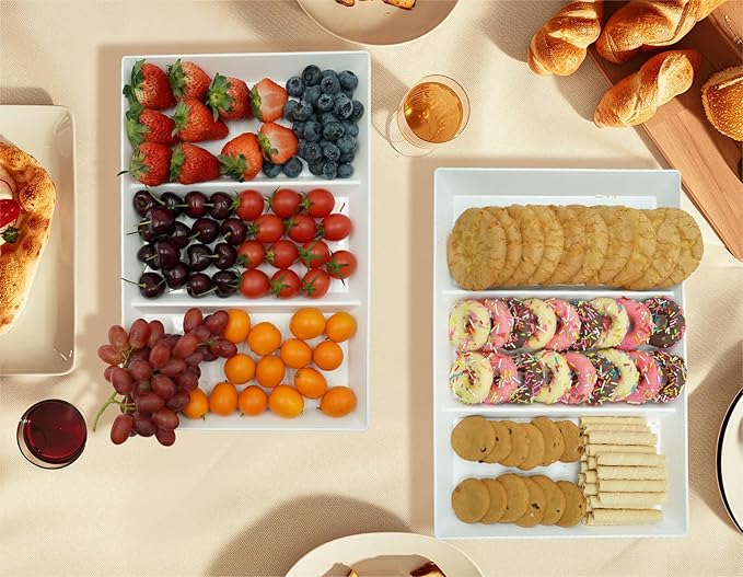 Divided Serving Tray Platter, 2 Pack 15" x 10" Fruit Veggie Food Tray for Party, Plastic Serving Trays for Appetizer, Snack, Dessert, Cookie, Brunch Decorations Platters, White Trays BPA-Free