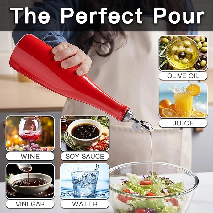 YOLIFE Olive Oil Dispenser Bottle, 16oz Ceramic Oil Dispenser for Kitchen, Oil Bottle with Gravity Spout, Leak Proof EVOO Dispensing Bottle with 2 Spouts and 1 Funnel for Vinegar, Juice(Red)