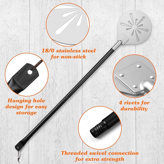 Pizza Peel with Pizza Cutter Wheel, HaSteeL 8-Inch Perforated Pizza Turner Spatula with Long Handle, Lightweight Stainless Steel Paddle Spinner for Home & Commercial Pizza Oven Accessories, Food Grade