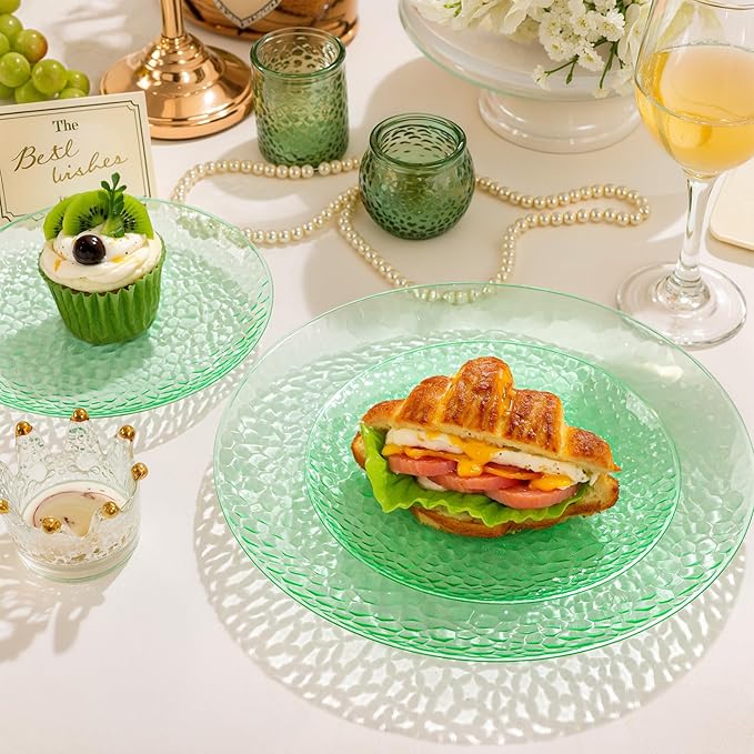 Rubtlamp 60Pcs Green Plastic Plates, Heavy Duty Easter Plates With Hammered Design, Green Party Disposable Plate Include 30 Dinner Plate, 30 Salad Platos, Fancy Plastic Platos For Easter Spring