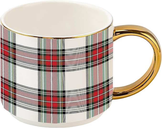 Sweet Water Decor White Plaid Coffee Mug, 14oz China Christmas Mug with Gold Handle, Large Holiday Winter Cup for Coffee, Tea & Hot Chocolate, Stocking Stuffer Gifts for Women