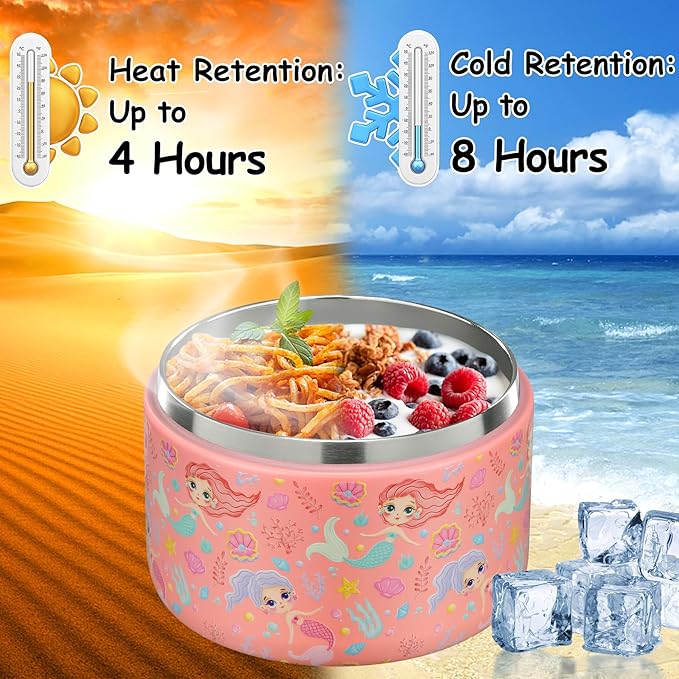 12oz Insulated Vacuum Food Jar with Buckle Lid Wide Mouth Soup Thermo for Hot Food Kids Leakproof Stainless Steel Lunch Container (mermaid)