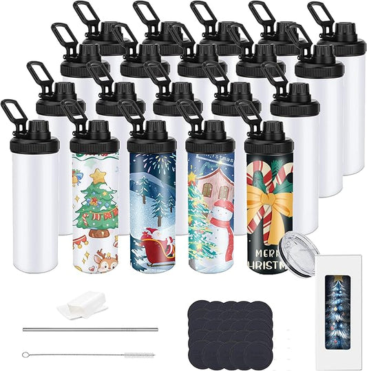 20oz sublimation sport tumblers blanks ，flat edge sublimation tumblers，double wall stainless steel insulted cup，for Heat Transfer, White (20, with spout lid)