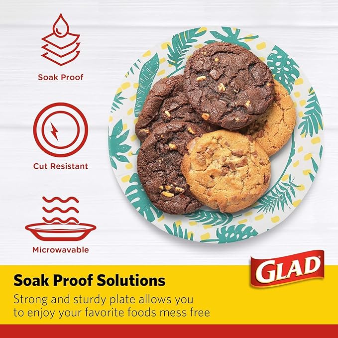 Glad Round Decorative Disposable Paper Plates, Palm Leaves Pattern, Soak Proof, Cut Resistant, Microwave Safe Dinner Plates for Everyday Meals, Parties, and Picnics, 10 Inch, 50 Count - 12 Pack
