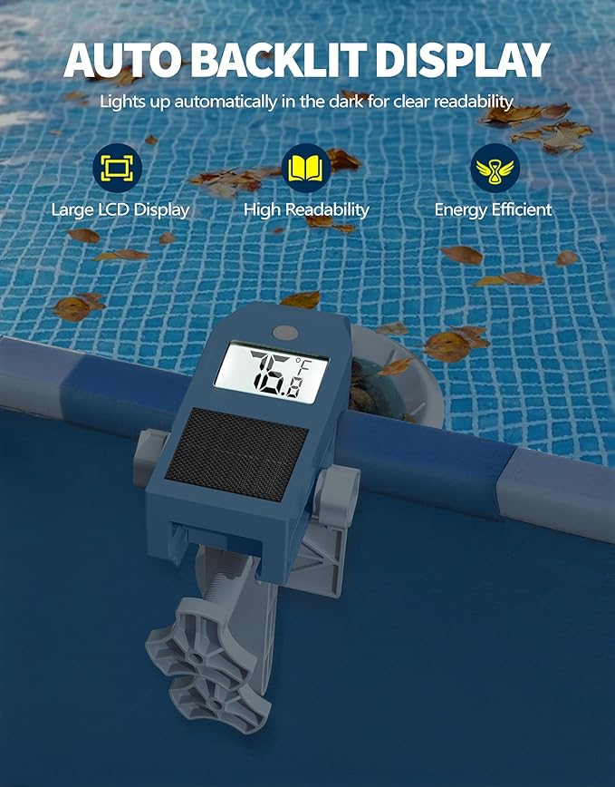 BluSwim [Patented] Above Ground Pool Skimmer with Solar Digital Thermometer | Wall Mount Surface Skimmer - Auto Skimming Pool Floating Debris | 2 Upgraded Bracket - Stable&Height Adjustable-Steel Blue