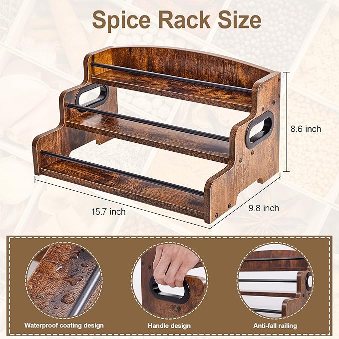 Wood Spice Rack Organizer for Cabinet, 3 Tier Spice Shelf Storage, Kitchen Seasoning Organizer for Spice Bottles, Jars, Seasonings, Baking Supplies