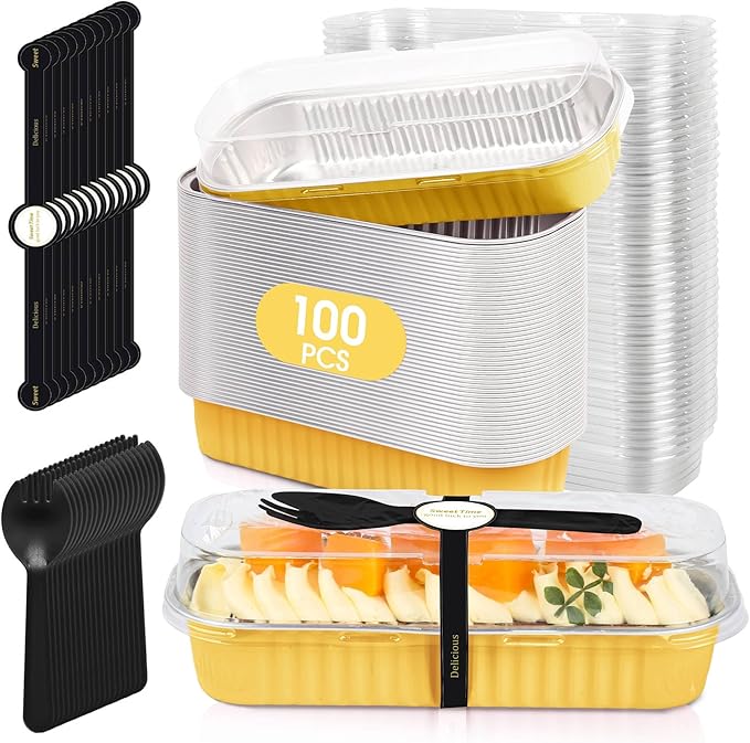 100 Pack Mini Cake Pans with Lids and Spoons,Disposable Aluminum Foil Cake Tins（6.8oz） Individual Small Cake Baking Containers for Party,Wedding,Birthday
