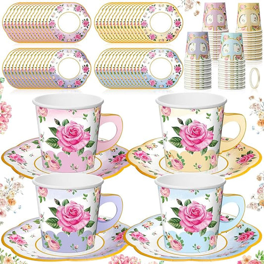 Umigy 60 Sets Spring Tea Party Decorations 6.5 oz Floral Paper Teacups & Saucer Set for Girls Women Afternoon Tea Parties Mothers Day Bridal Shower Wedding Birthday Party Decorations(Gradient Color)