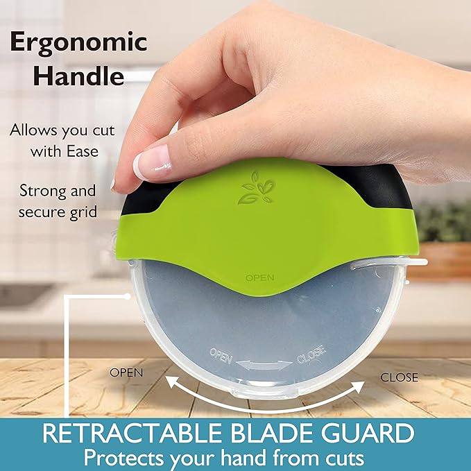 Green Pizza Cutter Wheel with Protective Blade Cover, improved, Super Sharp, Easy To Use and Clean, Slicer, Ergonomic Rubberized Grip, heavy dutty, Stainless Steel, Dishwater Safe