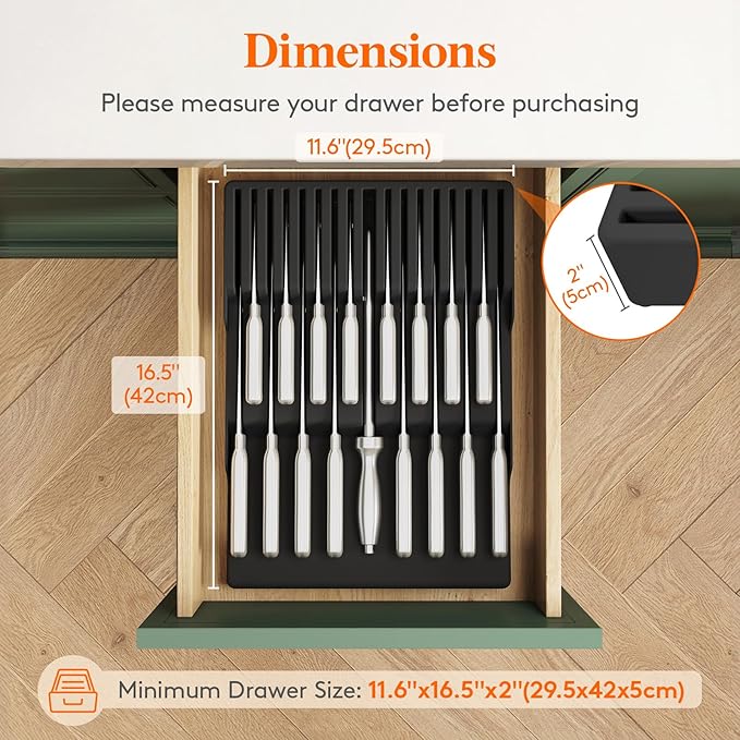 Lifewit Magnetic Drawer Knife Organizers Insert, Kitchen Plastic In Drawer Knife Block Slots, Steak Chefs Knives Holder Storage for 16 Knives and 1 Sharpening Steel, Extra Large, Black, 16.5"/42 cm(W)