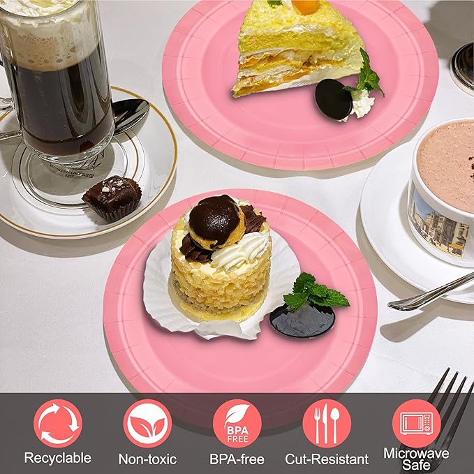 40Pcs Disposable Paper Plates Pink,Including 20pcs 9" and 20pcs 7" Plates,Strong and Sturdy Disposable Plates for Party, Dinner, Holiday, Picnic,Birthday Party, Dinner Table, Wedding