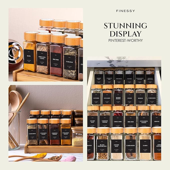 Glass Spice Jars with Label with Bamboo Lids 36 Pack Black Labels Set, 4oz Clear Empty Bottles Seasoning Organizer Jars with Shaker Lids, Small Square Airtight Spice Seasoning Containers Herb Storage