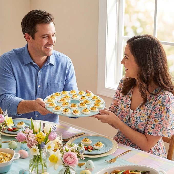 Ceramic Easter Deviled Egg Platter 13 Inch Robin Egg Blue Easter Eggs Tray 24 Holes Deviled Eggs Holder for Spring Holiday Festival Party Favors