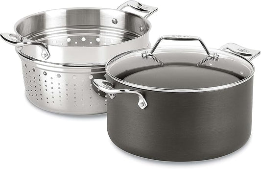 All-Clad Essentials Hard Anodized Nonstick Multi-Pot 7 Quart Oven Broiler Safe 500F Strainer, Pasta Strainer with Handle, Pots and Pans Black